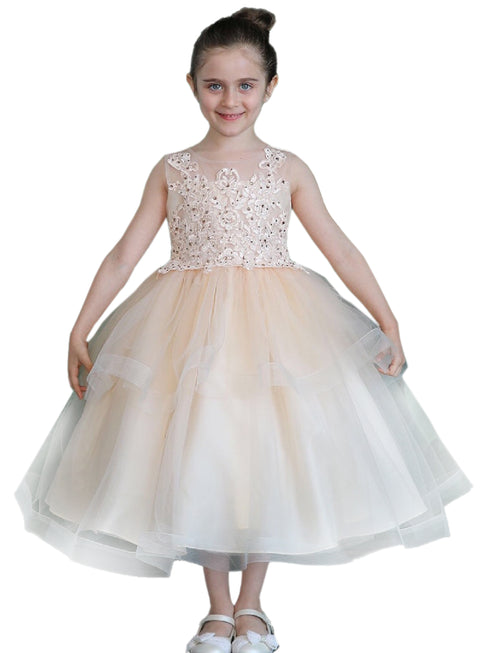 Big Girls Champagne Illusion Neckline Lace Organza Junior Bridesmaid Dress 8-16 - SophiasStyle.com